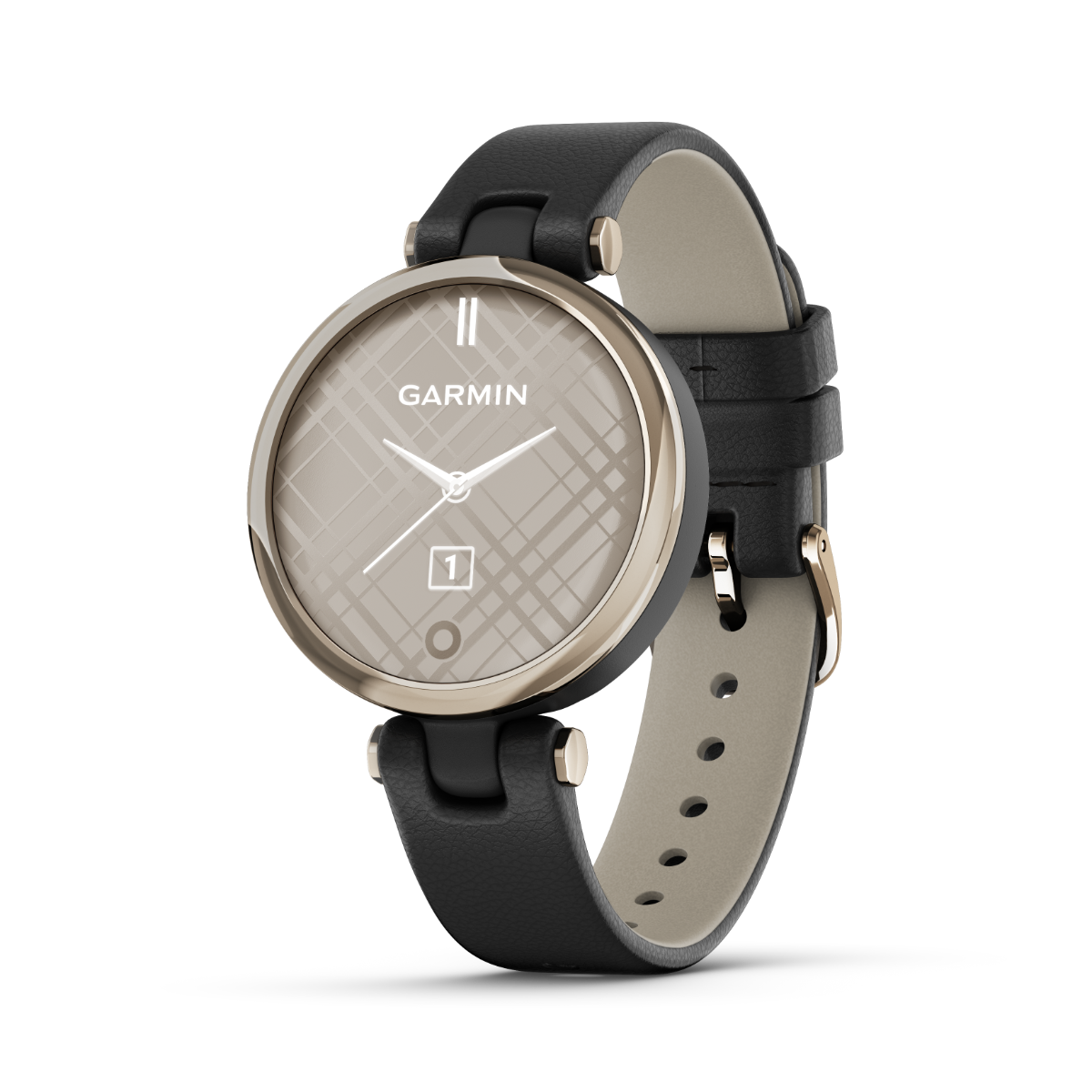 Garmin Lily Classic Edition smartwatch with light gold bezel and Italian leather band