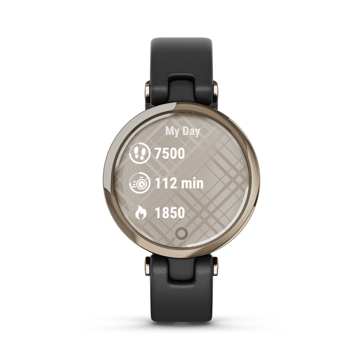Garmin Lily Classic Edition smartwatch with light gold bezel, white case, and black Italian leather band (010-02384-A3)