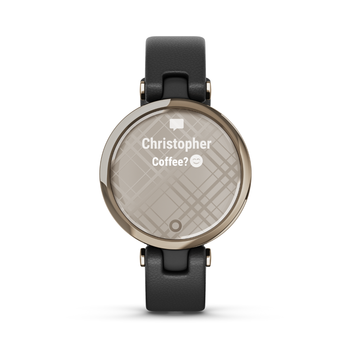 Garmin Lily Classic Edition smartwatch with light gold bezel and black leather strap