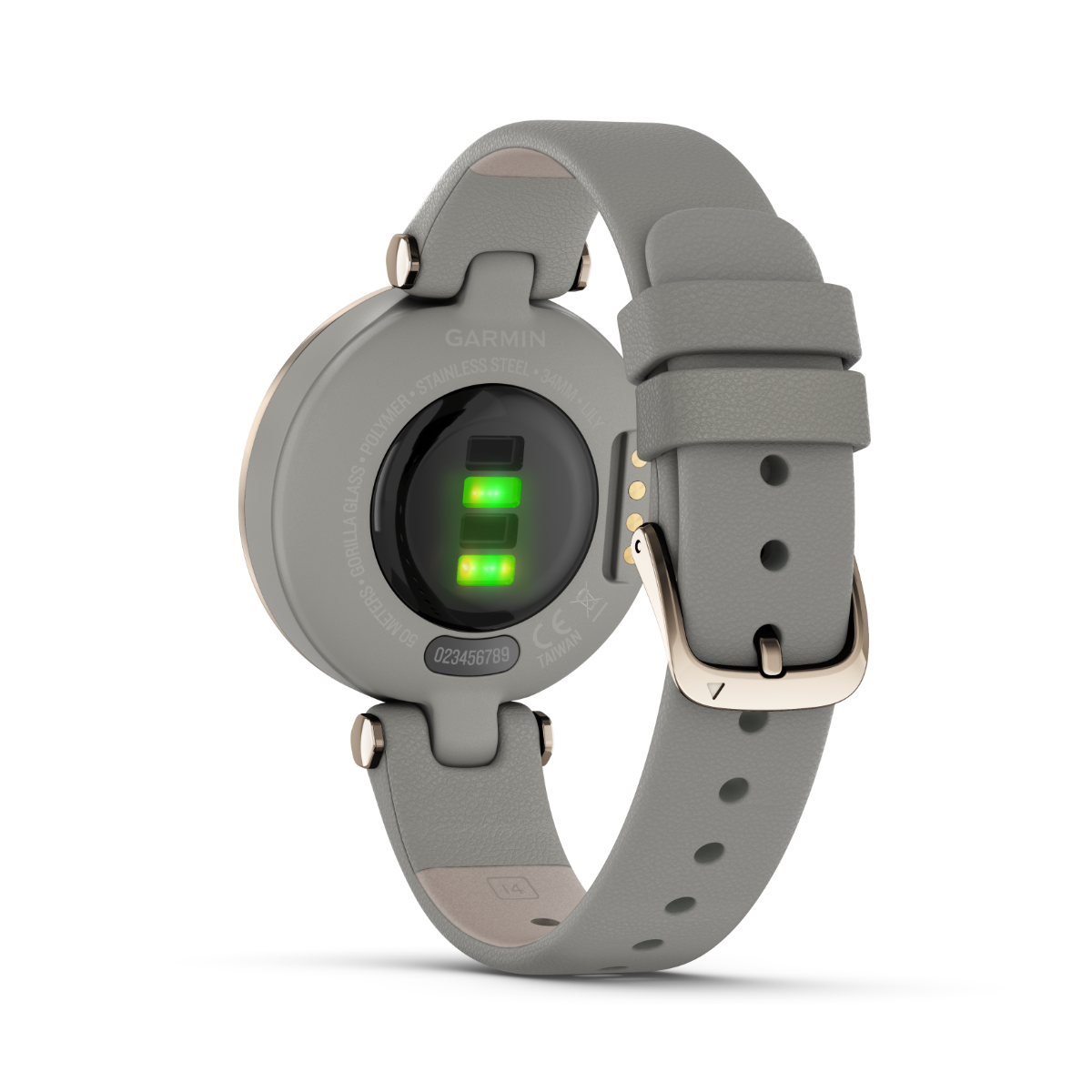 Garmin Lily Classic Edition smartwatch with cream-gold bezel, Braloba gray case, and Italian leather band