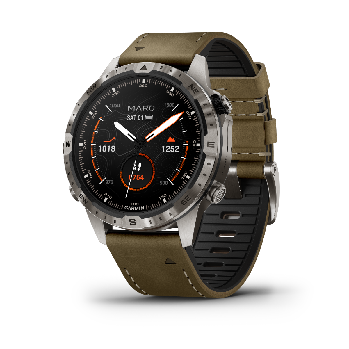 Garmin MARQ Adventurer Gen 2 smart watch with brown leather strap, black dial and stainless steel case