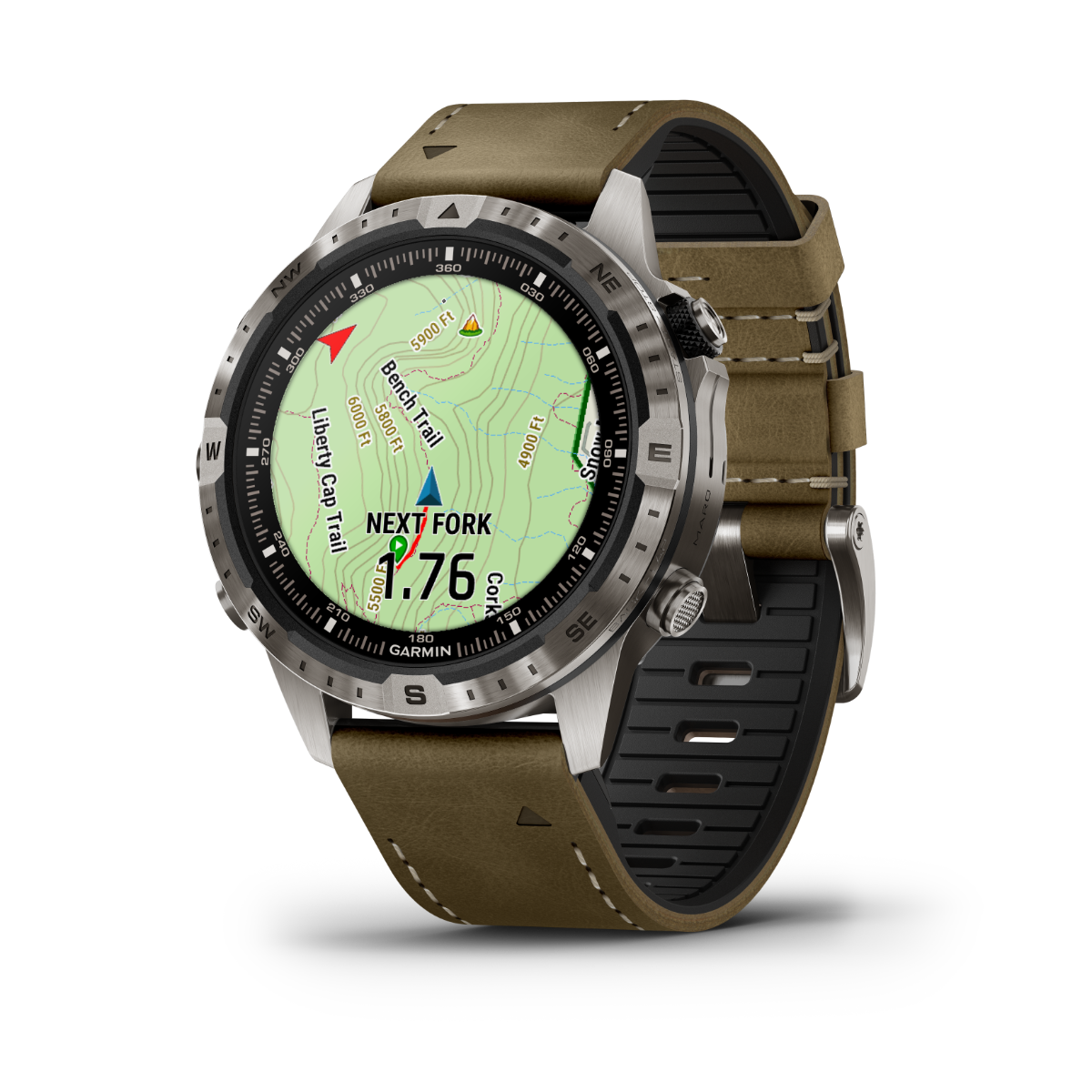 Garmin MARQ Adventurer Gen 2 smartwatch with tan leather strap and stainless-steel bezel, topographic map display.