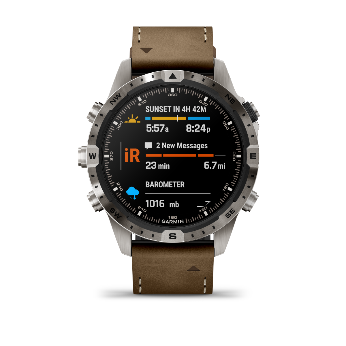 Garmin MARQ Adventurer (Gen 2) men's luxury GPS smartwatch with brown leather strap and stainless steel bezel