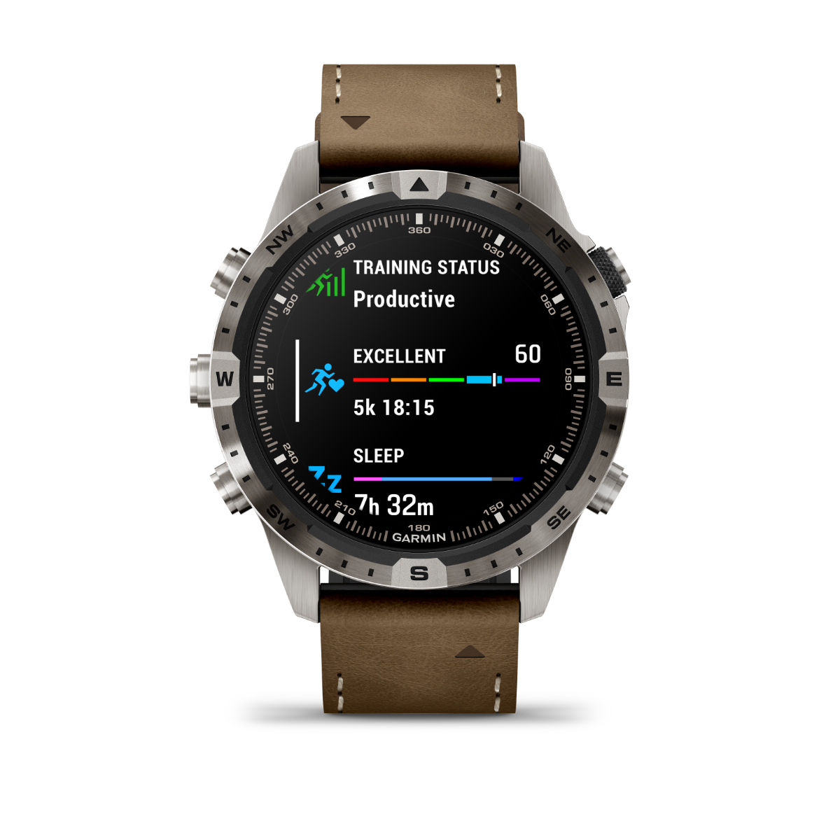 Garmin MARQ Adventurer Gen 2 smartwatch with stainless steel bezel and brown leather strap