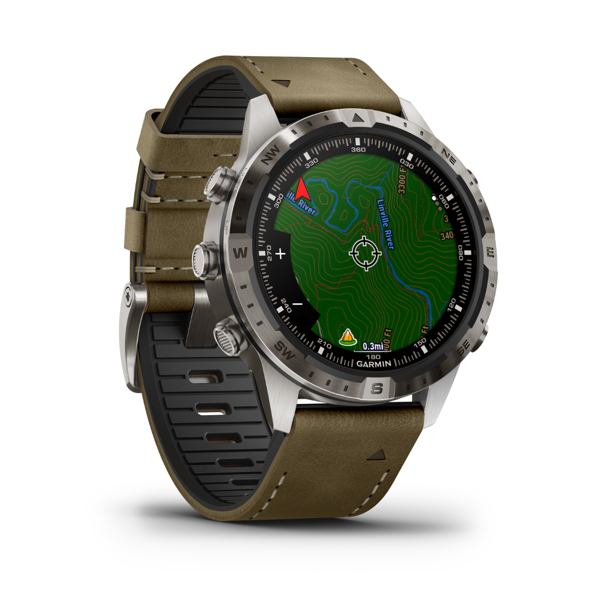 Garmin MARQ Adventurer Gen 2 smartwatch with brown leather strap and metal bezel, displaying a topo map.