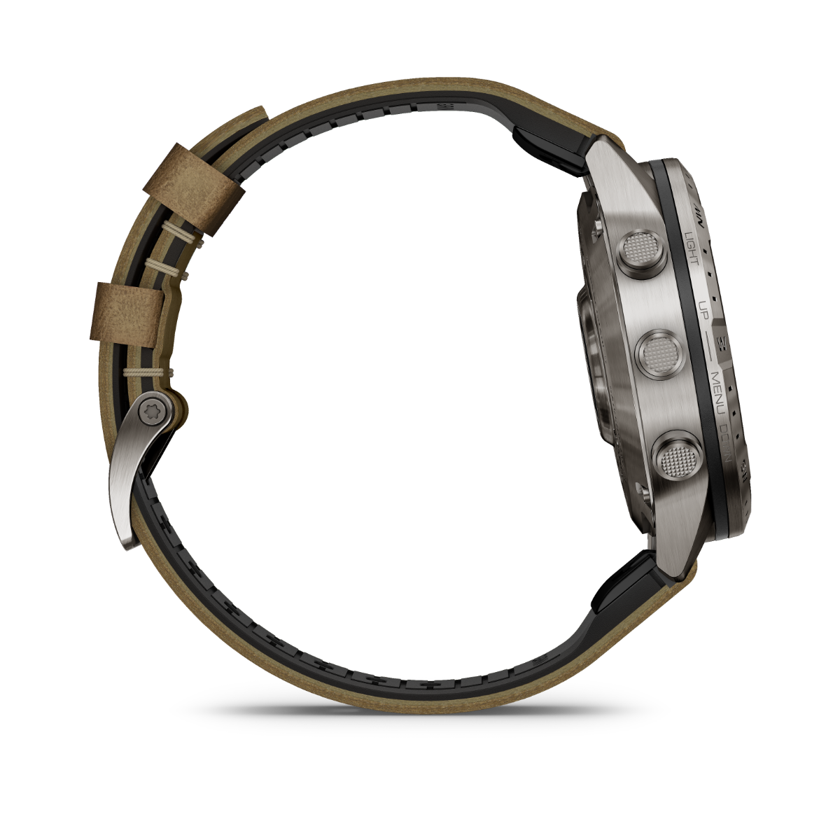 Garmin MARQ Adventurer Gen 2 smartwatch with stainless steel case and tan leather strap.