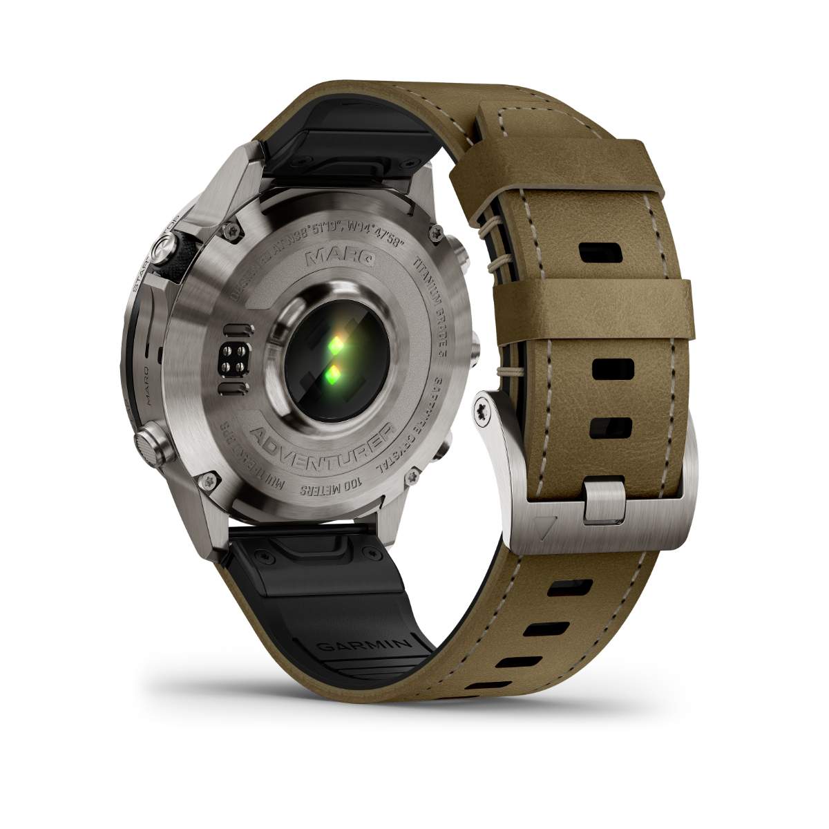 Garmin MARQ Adventurer Gen 2 luxury GPS smartwatch with tan leather strap