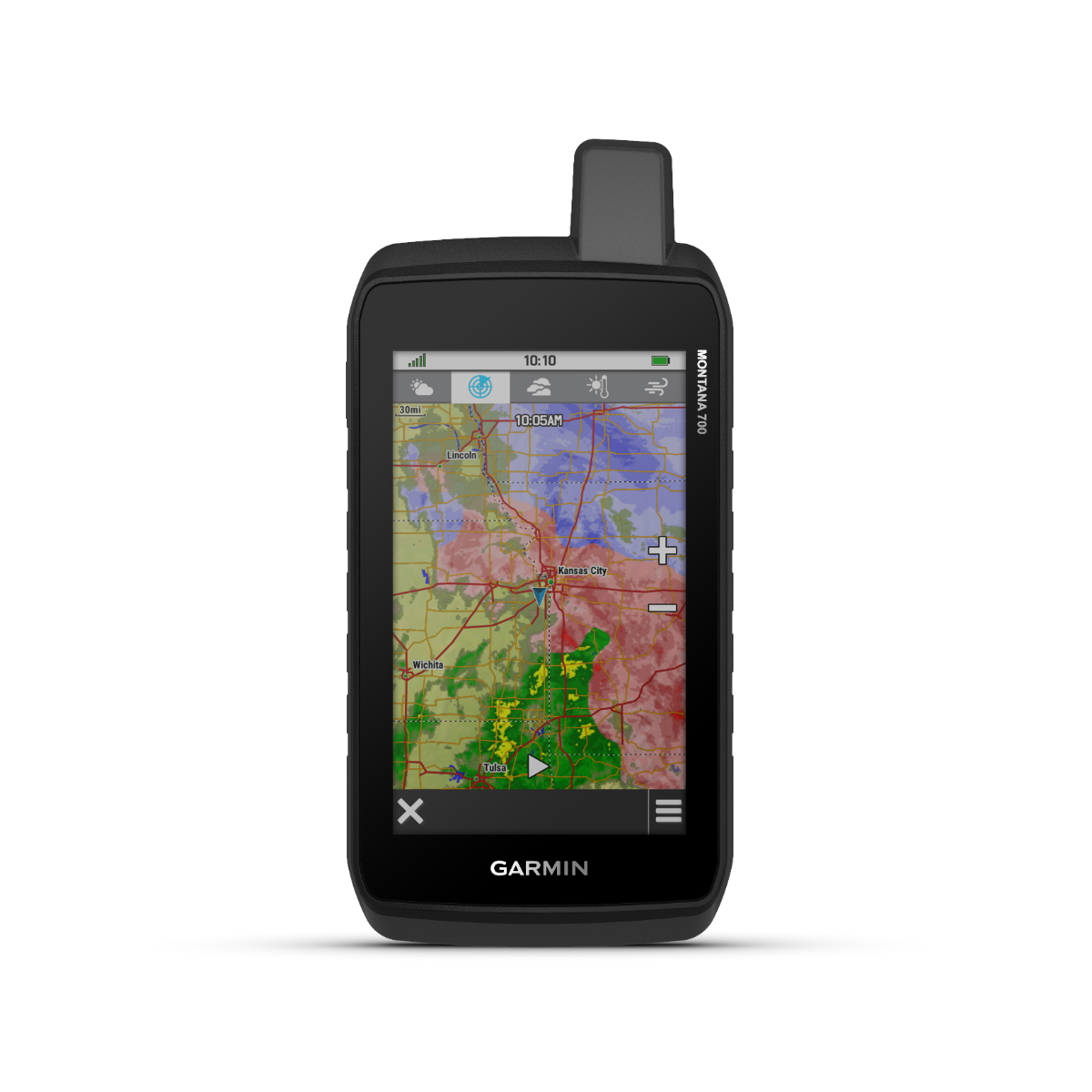 Garmin Montana 700 handheld GPS with touchscreen, black rugged body and detailed map display