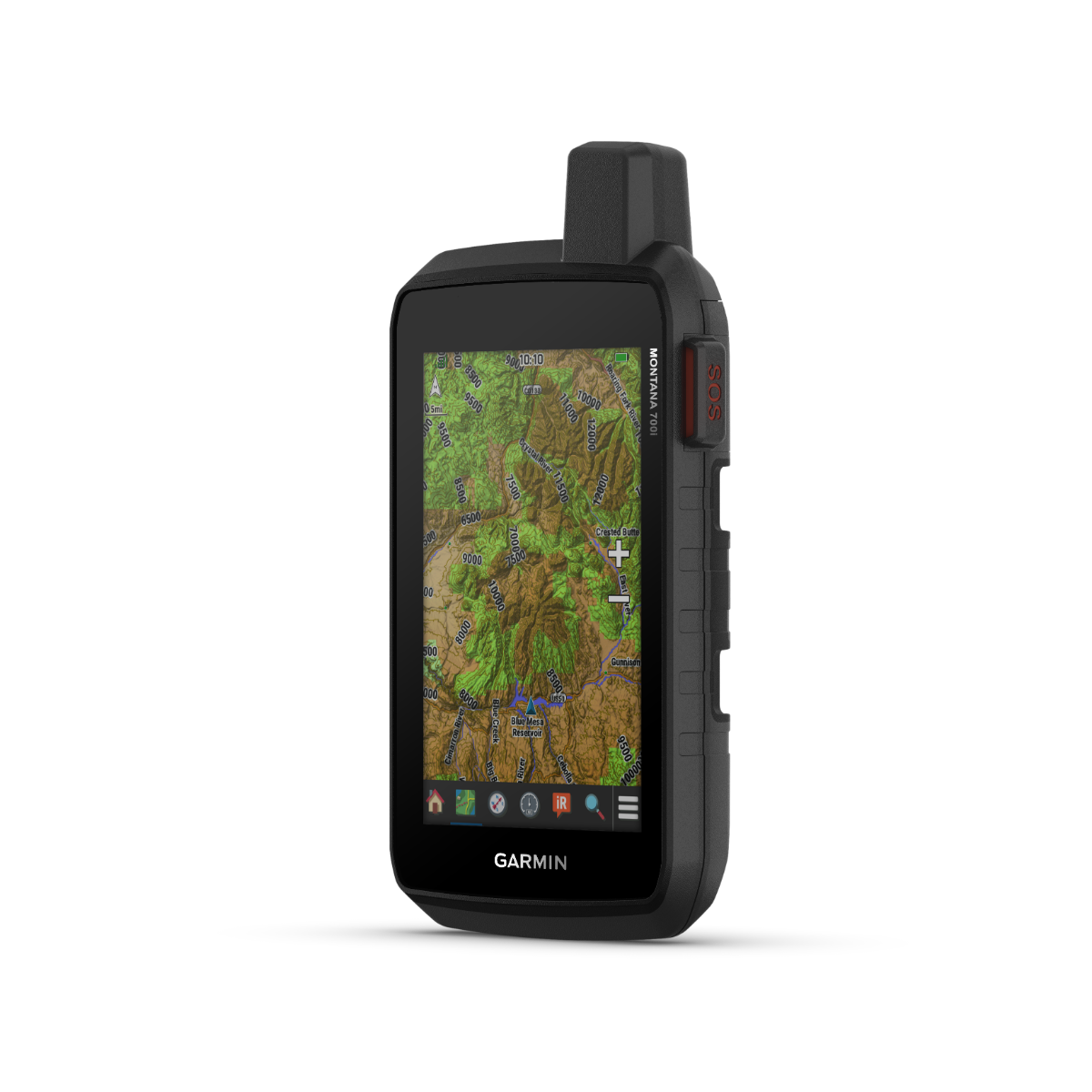 Garmin Montana 700i handheld GPS with touchscreen topo maps, rugged black with red SOS button