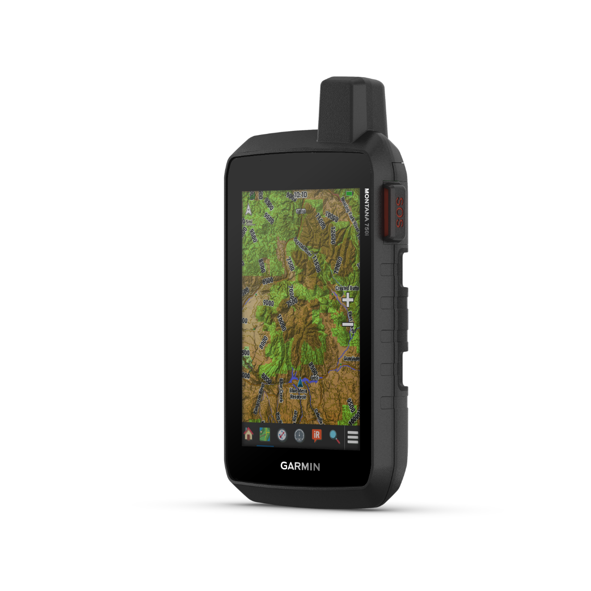 Garmin Montana 750i handheld GPS with touchscreen and TOPO maps; black rugged body with red SOS button