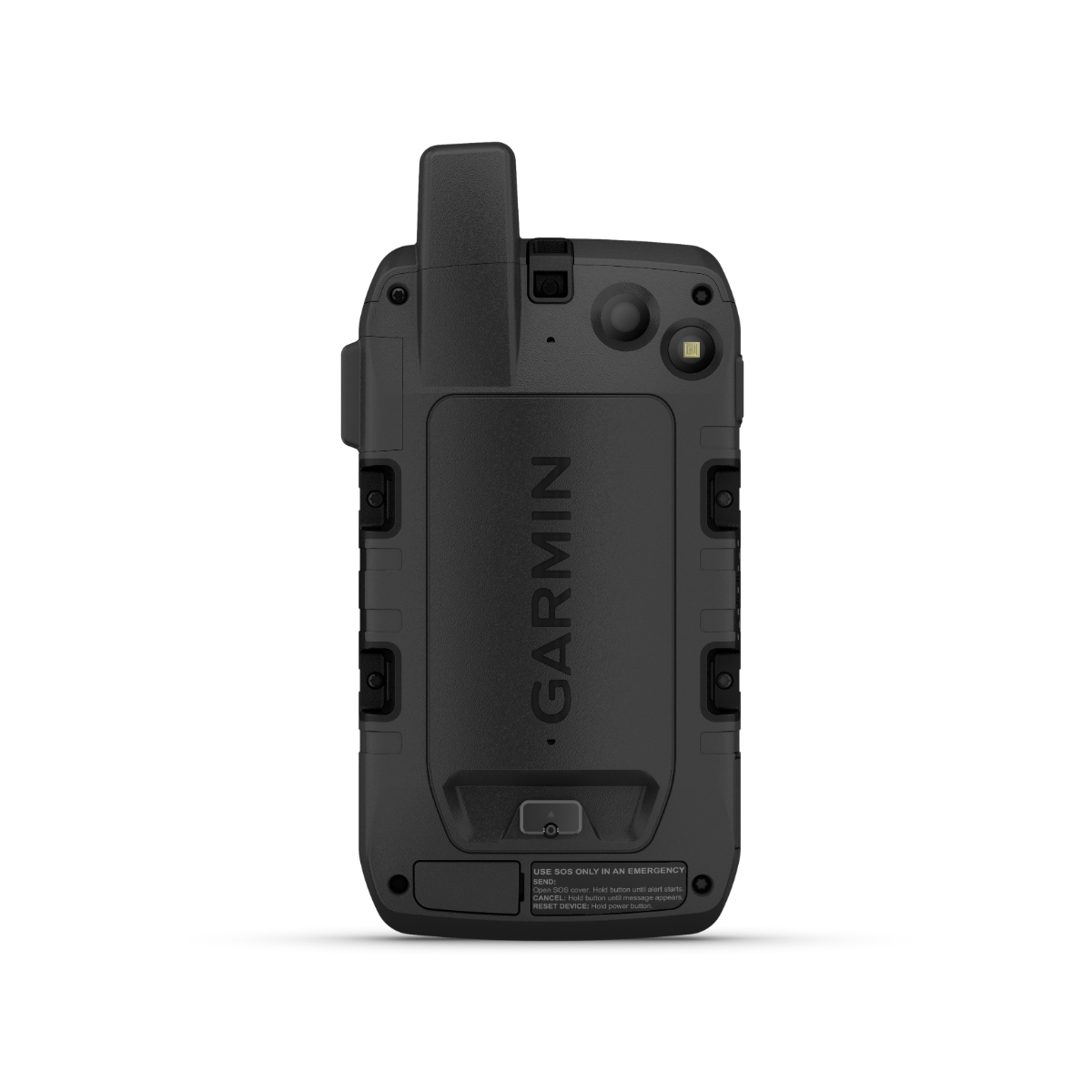 Garmin Montana 750i handheld GPS device, rugged black back view showing GARMIN logo and camera