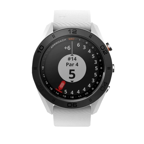 Garmin Approach S60 golf GPS smartwatch, white band, certified refurbished, round color display with Par 4 hole view