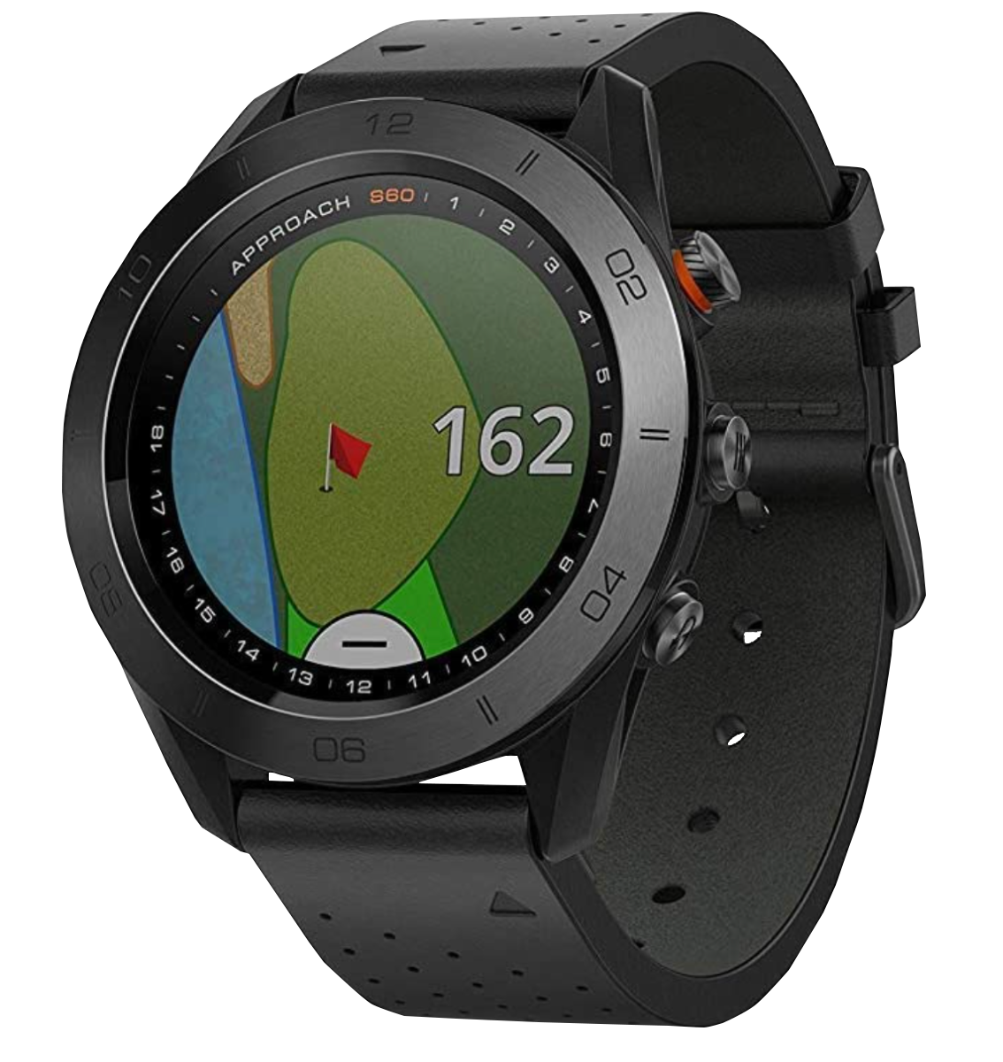 Garmin Approach S60 golf GPS smartwatch with black leather band, Garmin Certified Refurbished.