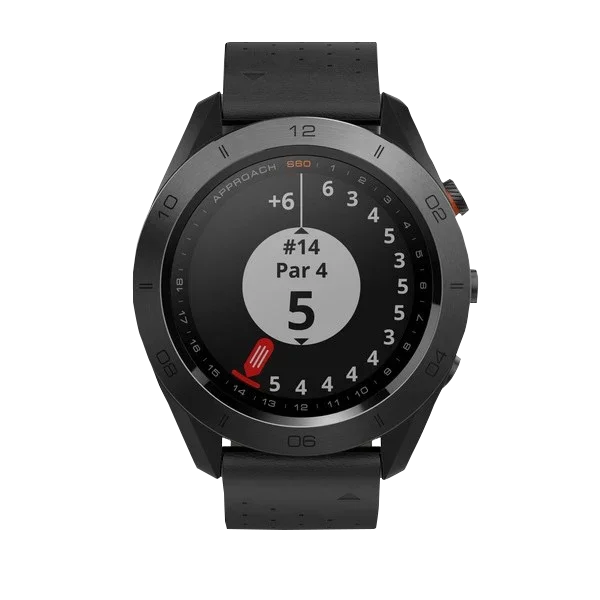 Garmin Approach S60 golf GPS smartwatch with black leather band, certified refurbished
