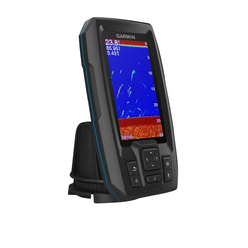 Garmin STRIKER Plus 4 fish finder with dual-beam transducer, compact black sonar device