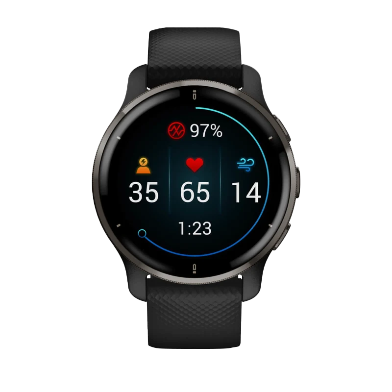 Garmin Venu 2 Plus smartwatch, slate stainless steel bezel on black case, Garmin Certified Refurbished