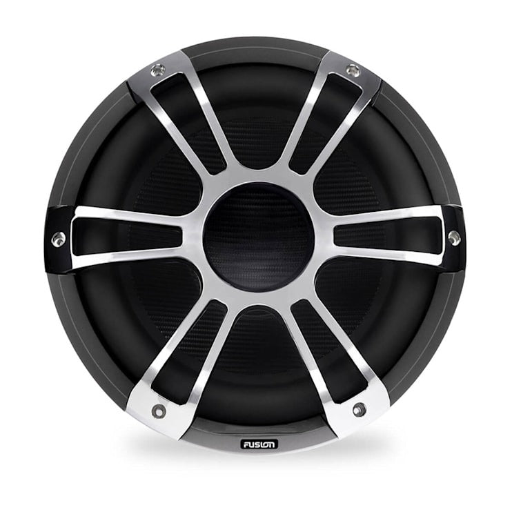 Garmin Fusion Signature Series 3 marine subwoofer, black with silver metal grille and Fusion badge