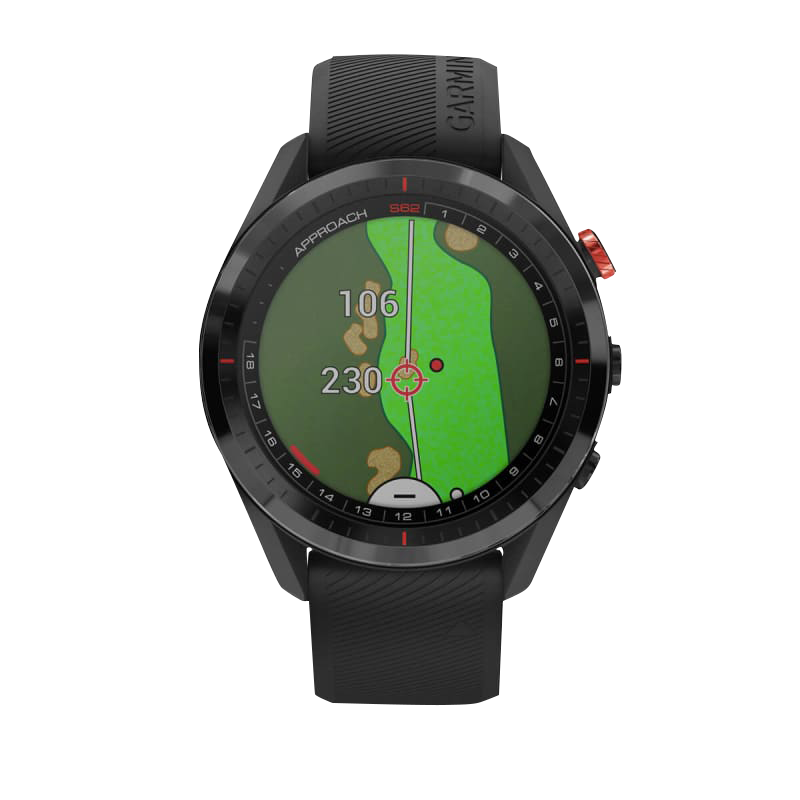 Garmin Approach S62 Smartwatch with black ceramic bezel and black silicone band, certified refurbished