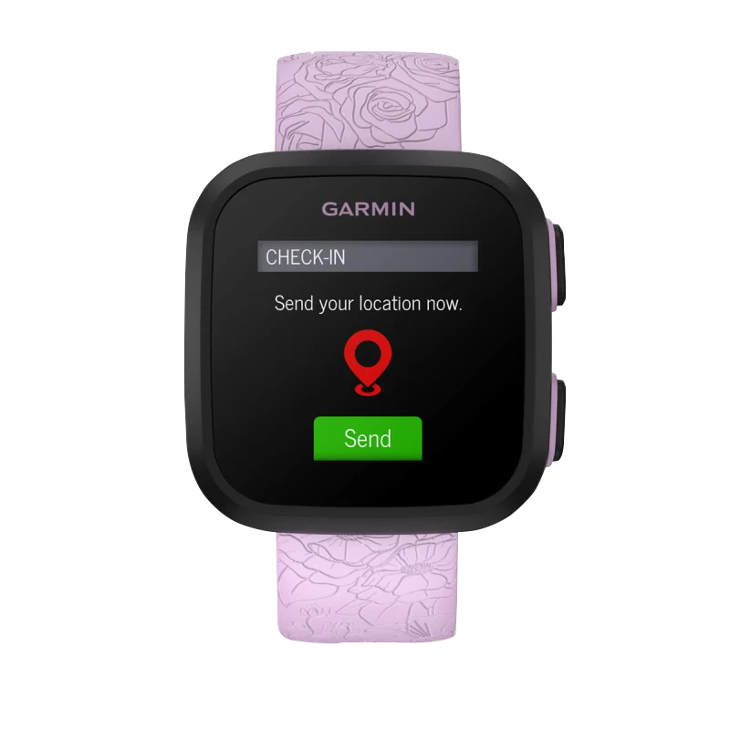 Garmin Bounce Lilac Floral smartwatch with black case and lilac floral strap