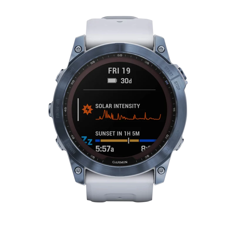 Garmin Fenix 7X Sapphire Solar smartwatch, mineral blue titanium case with Whitestone band, certified refurbished
