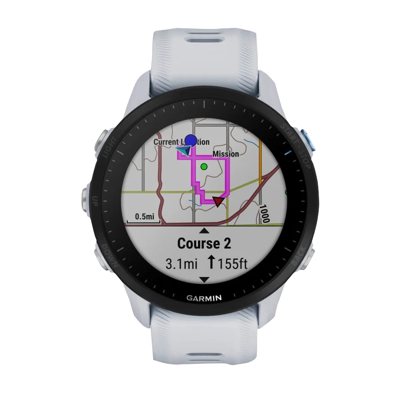 Garmin Forerunner 955 Whitestone smartwatch with white strap and black bezel showing map navigation.