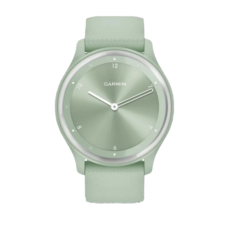 Garmin Vivomove Sport mint case watch with silicone band and silver accents, refurbished