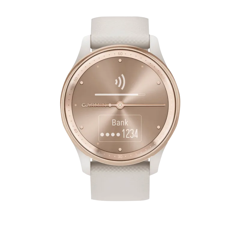 Garmin Vívomove Trend peach gold bezel watch with ivory case and silicone band, Garmin Certified Refurbished