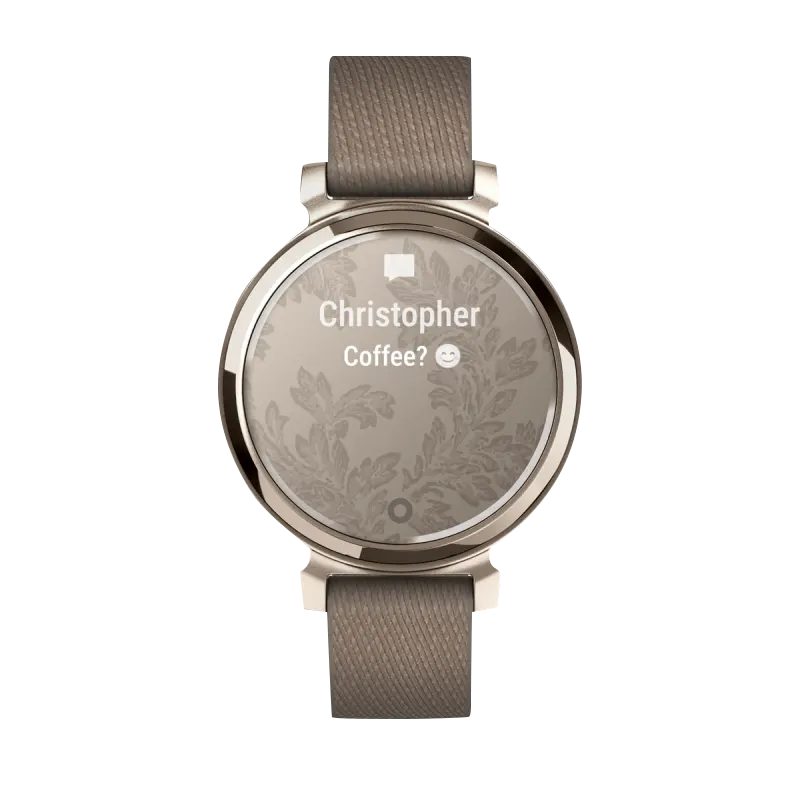 Garmin Lily 2 Classic smartwatch, cream gold case with coffee nylon band