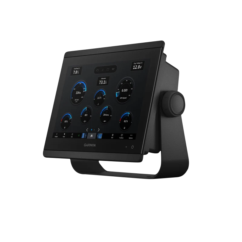 Garmin GPSMAP 8410 marine chartplotter with worldwide basemap, black touchscreen display on mounting stand