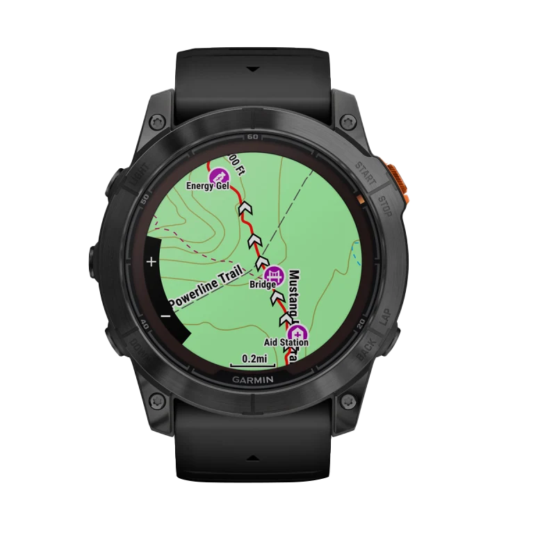Garmin Fenix 7X Pro Solar Edition smartwatch with map display on a black bezel and band