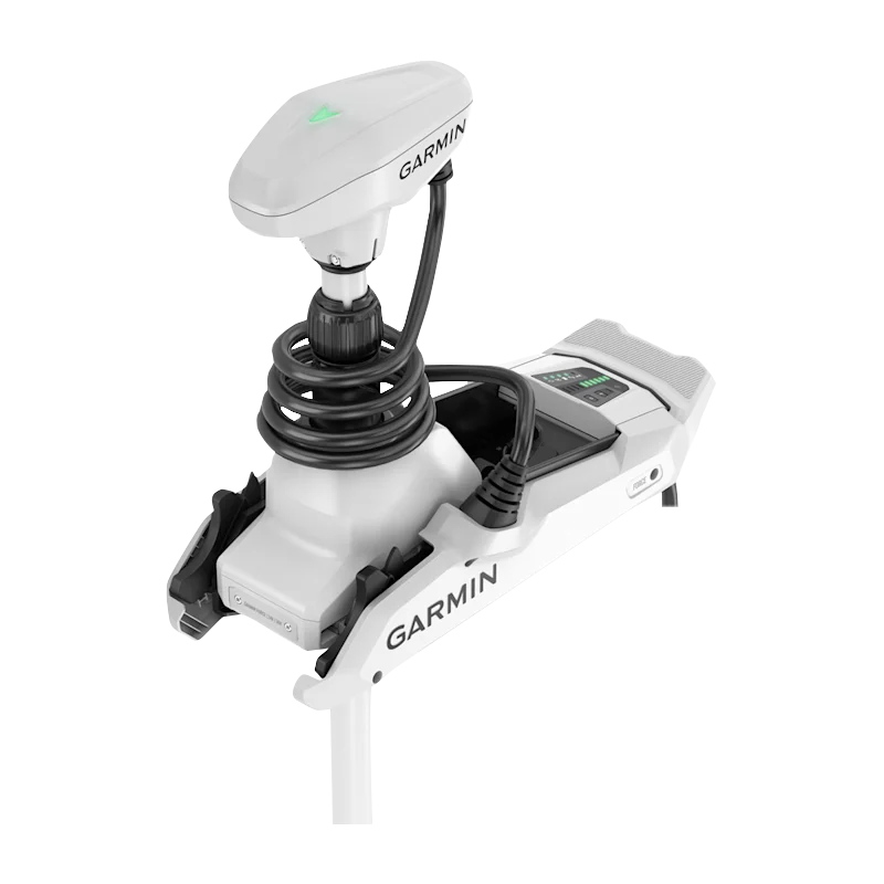 Garmin Force Kraken 48-inch white trolling motor on mounting base with control head
