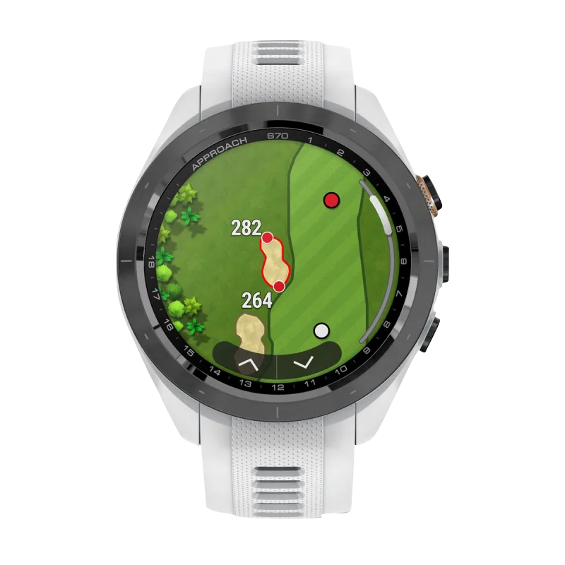 Garmin Approach S70 smartwatch, 42 mm with black/peach ceramic bezel and white silicone band