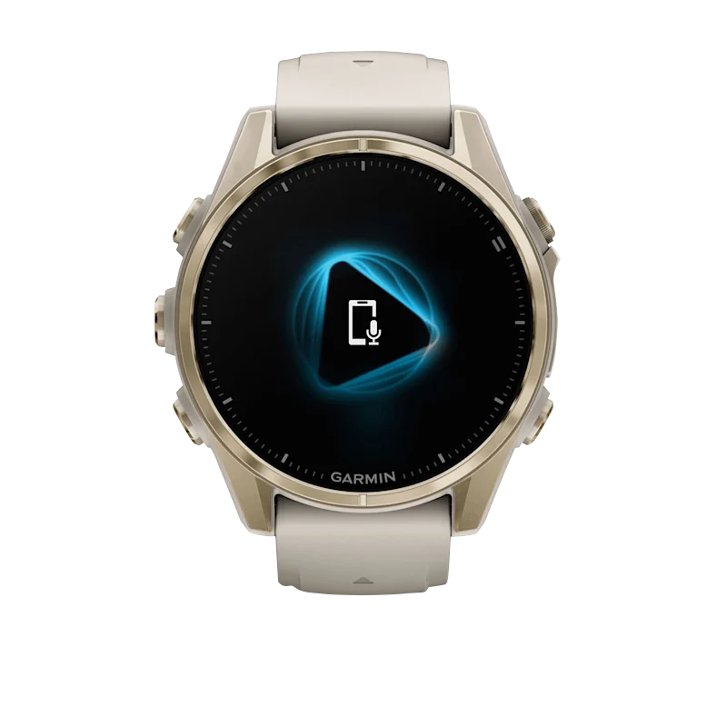 Garmin Fenix 8 smartwatch, 43 mm AMOLED Sapphire, soft gold bezel with fog gray/dark sandstone silicone band