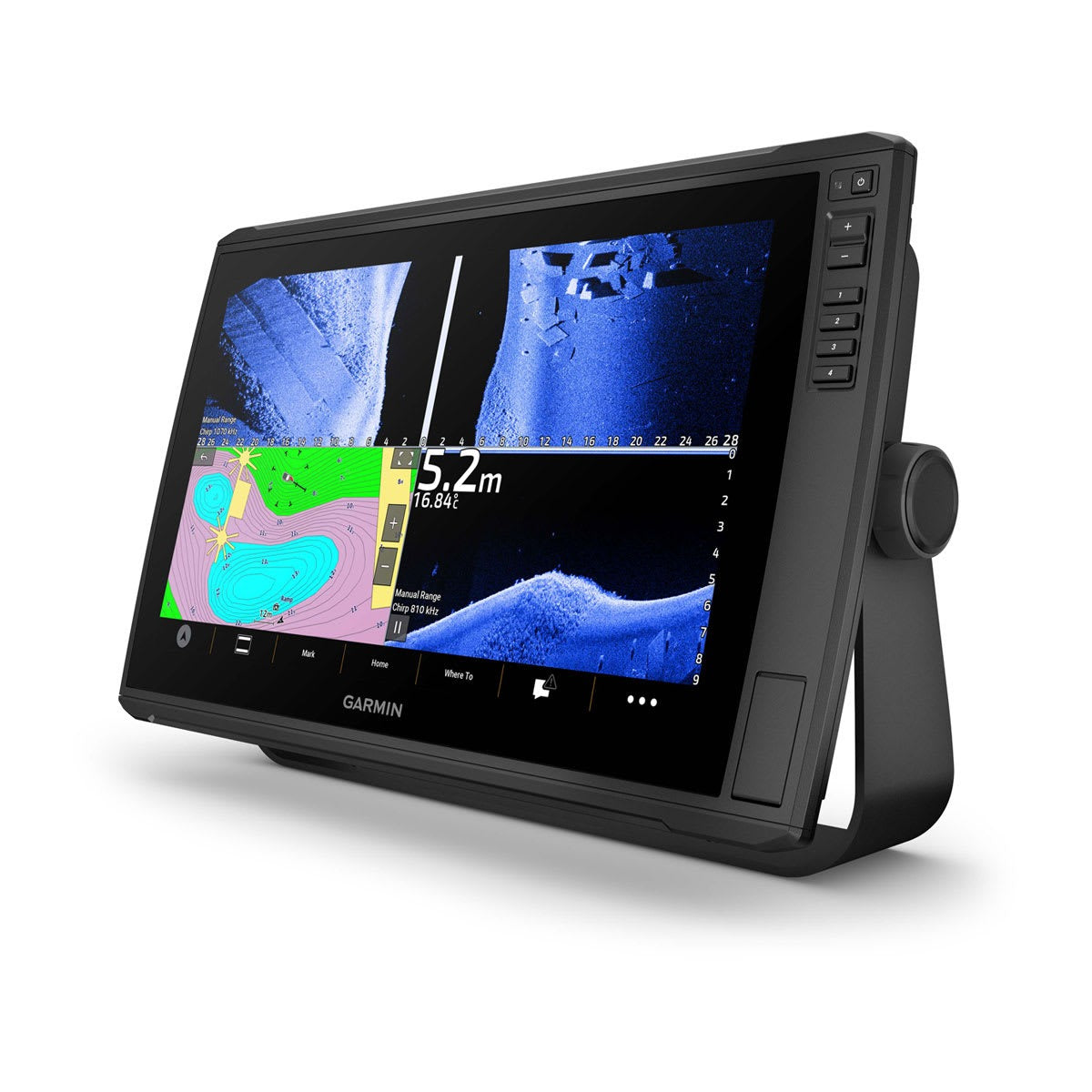 Garmin ECHOMAP Ultra 2 16-inch marine chartplotter on a stand with black bezel and Garmin logo