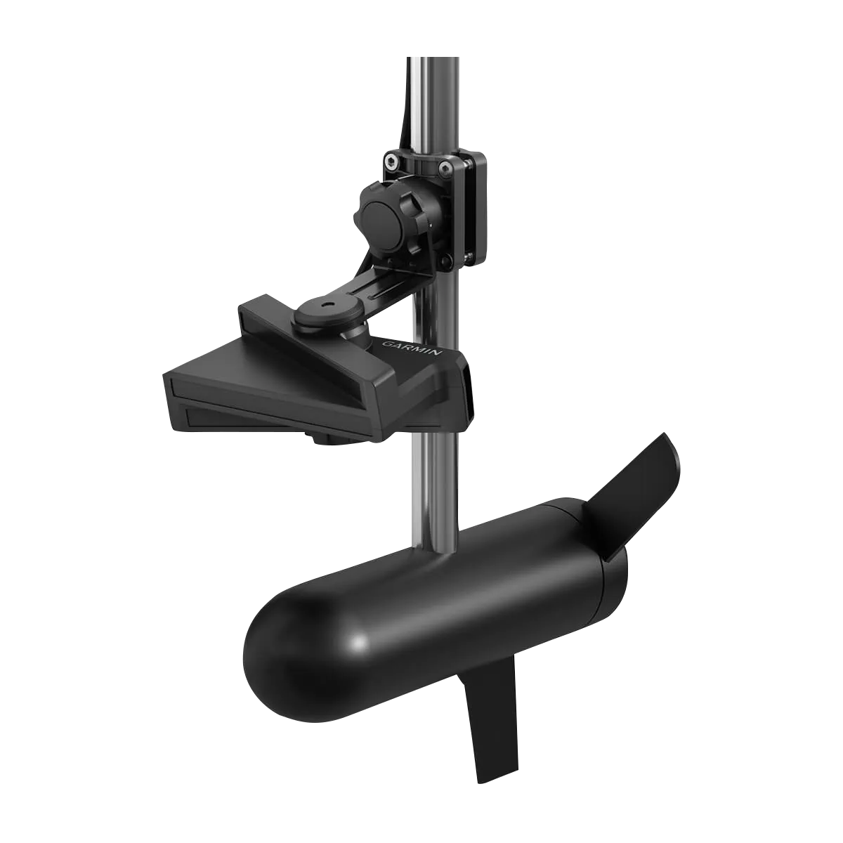 Garmin LiveScope XR LVS62 transducer with mounting bracket on vertical pole