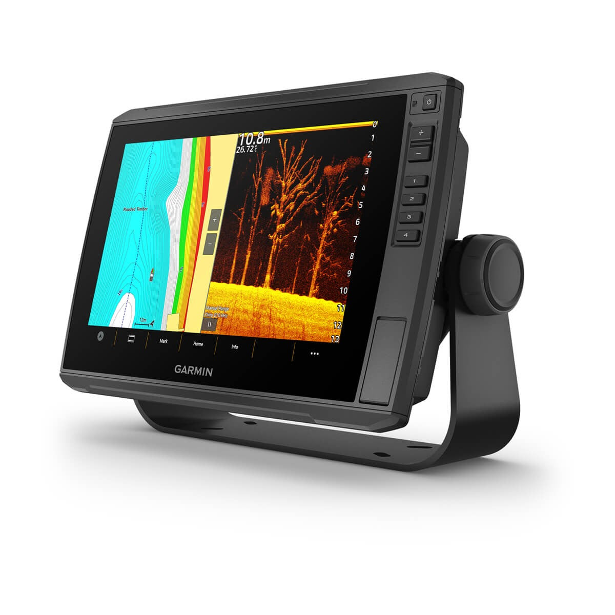 Garmin ECHOMAP Ultra 2 10-inch chartplotter with GT56UHD-TM transducer on a swivel mount
