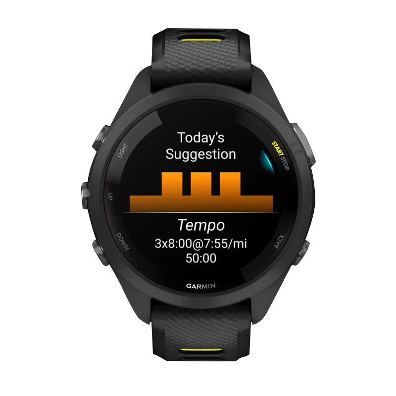 Garmin Forerunner 265S smartwatch, 42mm black bezel with black/yellow band, certified refurbished