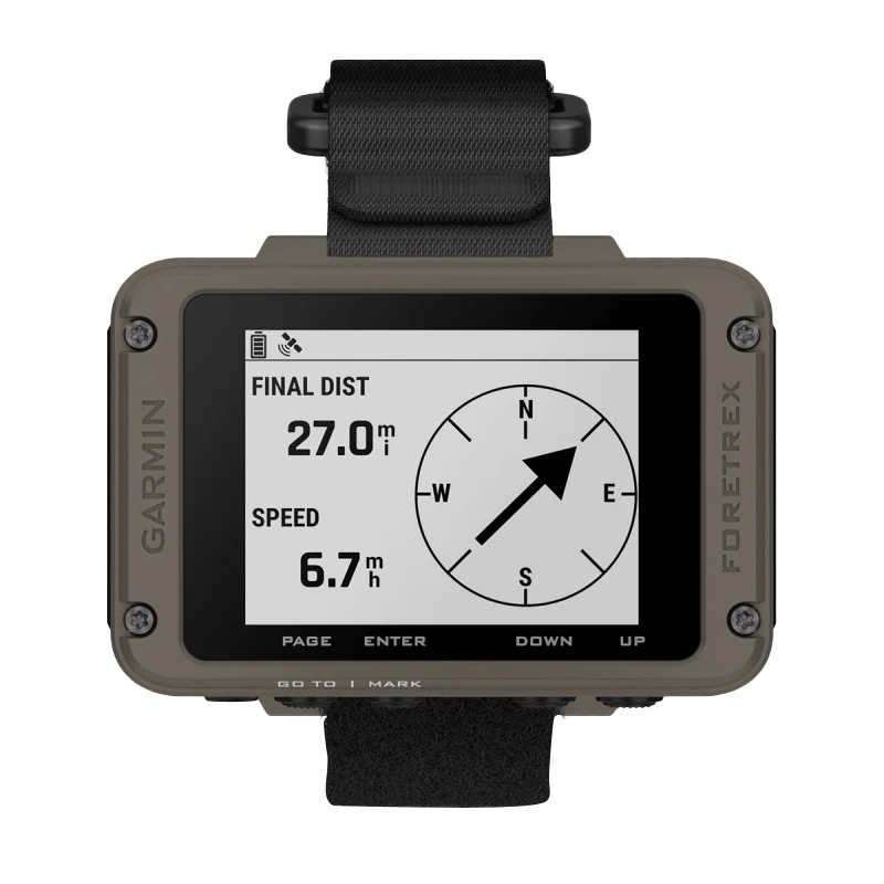 Garmin Foretrex 901 Ballistic Edition wrist-mounted GPS navigator with tan case and black strap