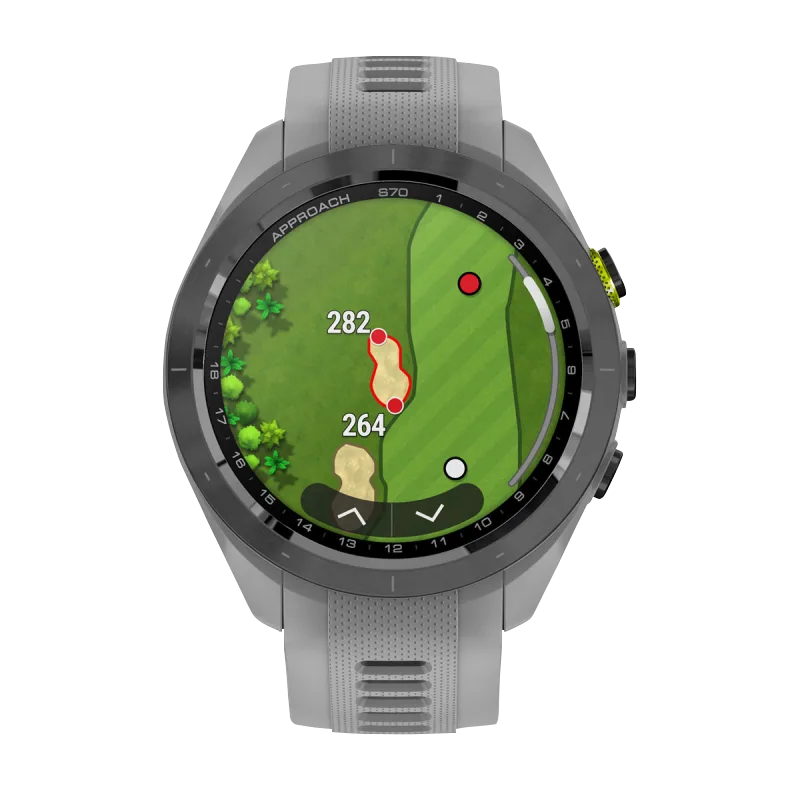 Garmin Approach S70 smartwatch, 42 mm, black/amp yellow ceramic bezel with powder gray silicone band