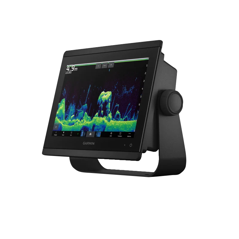 Garmin GPSMAP 8410xsv marine chartplotter with Worldwide Basemap on a black mounting stand