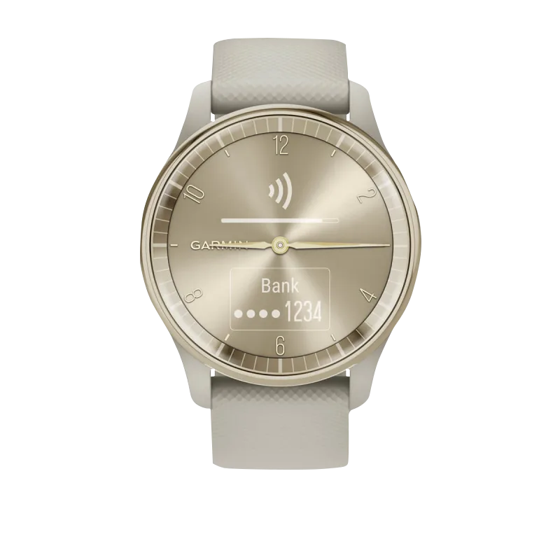 Garmin Vívomove Trend smart watch, cream gold bezel, French gray case, silicone band, Garmin Certified Refurbished