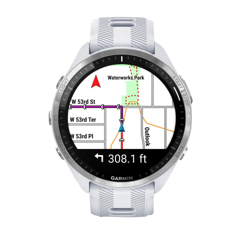Garmin Forerunner 965 smartwatch with titanium bezel and Whitestone case, on-screen color map display.