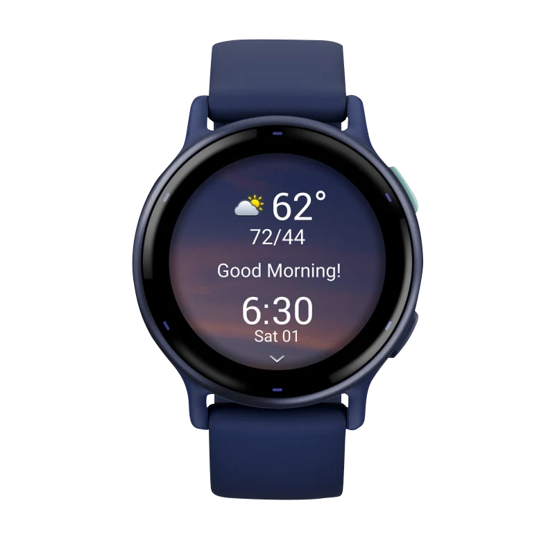 Garmin Vivoactive 5 smartwatch with metallic navy aluminum bezel, navy case, and navy silicone band.