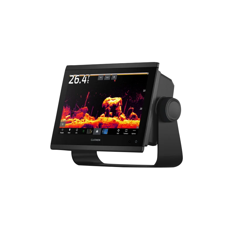 Garmin GPSMAP 943xsv marine chartplotter with 9-inch display on a black pedestal stand
