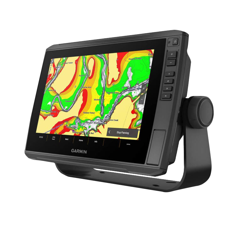 Garmin ECHOMAP Ultra 2 10-inch chartplotter with mounting stand, black display showing colorful marine charts