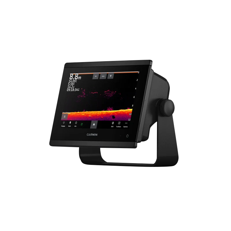 Garmin GPSMAP 723xsv marine chartplotter with SideVü, ClearVü and CHIRP sonar on a black mount for marine navigation