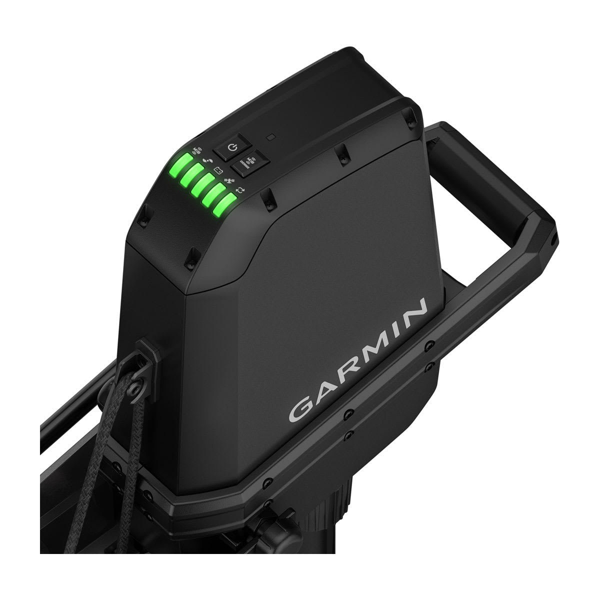 Garmin Force Current Kayak Trolling Motor with green LED indicators; black marine unit featuring Garmin branding