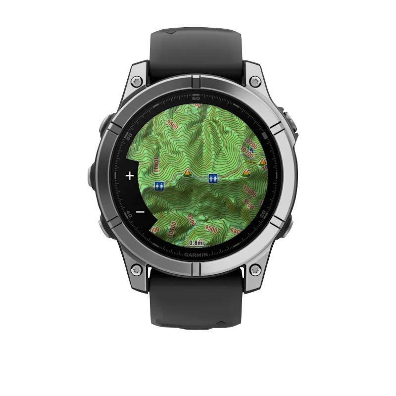 Garmin Fenix E smartwatch, 47 mm AMOLED with stainless steel bezel and black silicone band, topo map display