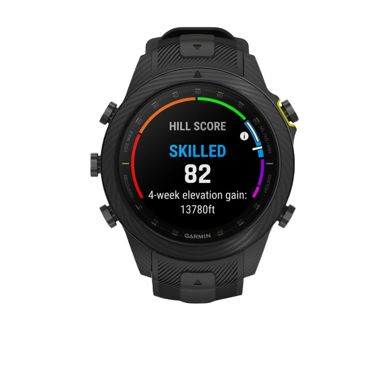 Garmin MARQ Athlete Gen 2 Carbon Edition smart watch with black case and multicolor bezel.