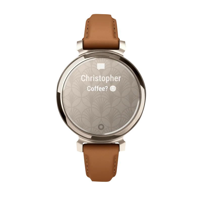 Garmin Lily 2 Classic smartwatch, cream-gold case with tan leather band, certified refurbished